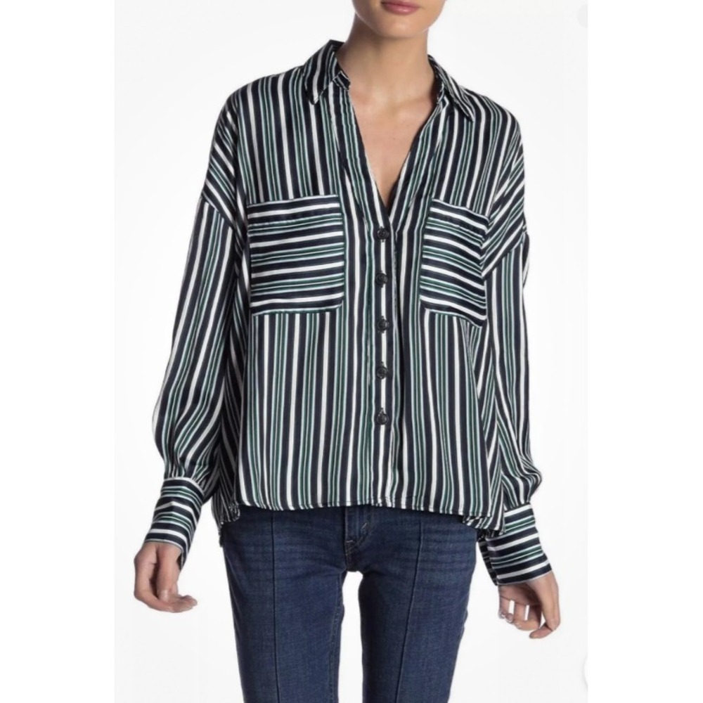 Free People About You Stripe Button Up Shirt Blue Green White Long‎ Sleeve SZ M